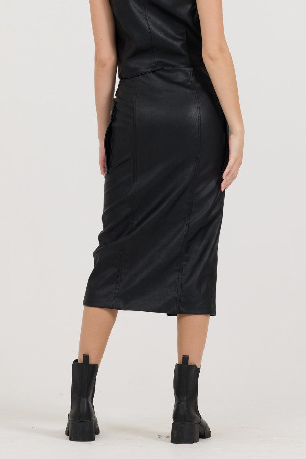 Black leather Zip Front Midi Skirt | Vintage Havana Women