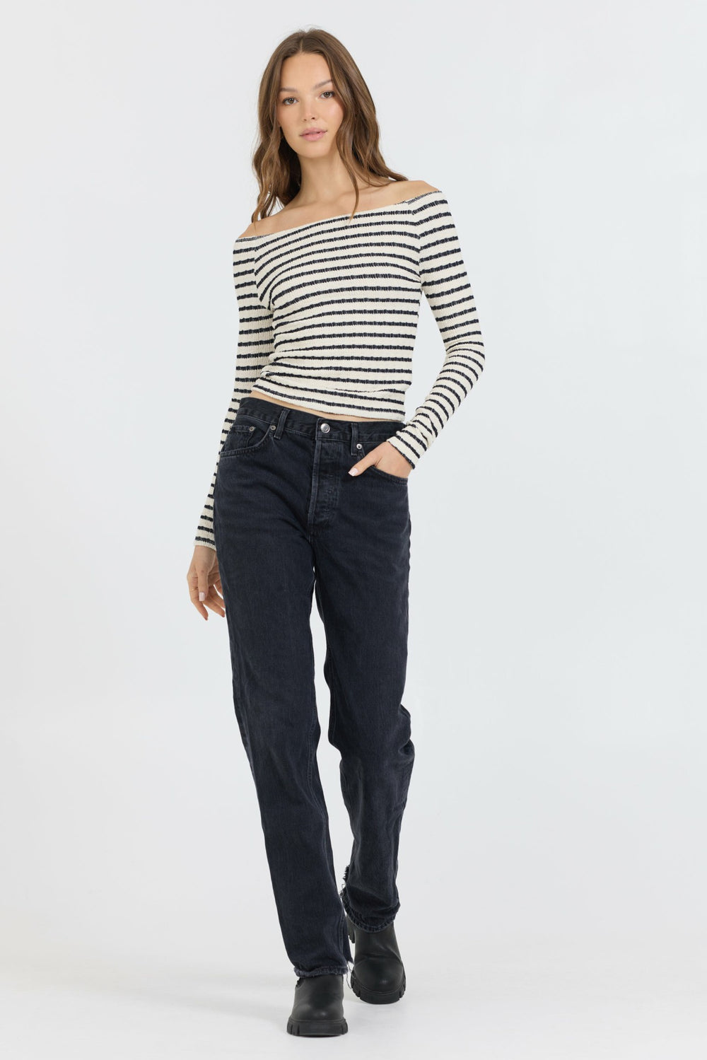 Ivory Black Fitted Off The Shoulder Top | Vintage Havana Women