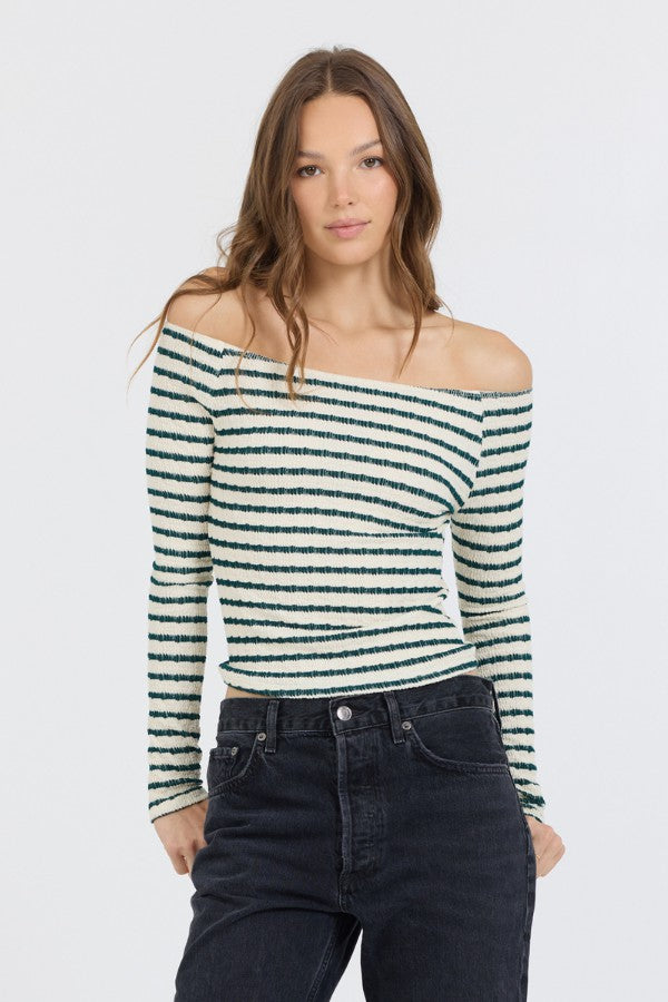 Ivory Green Fitted Off The Shoulder Top | Vintage Havana Women