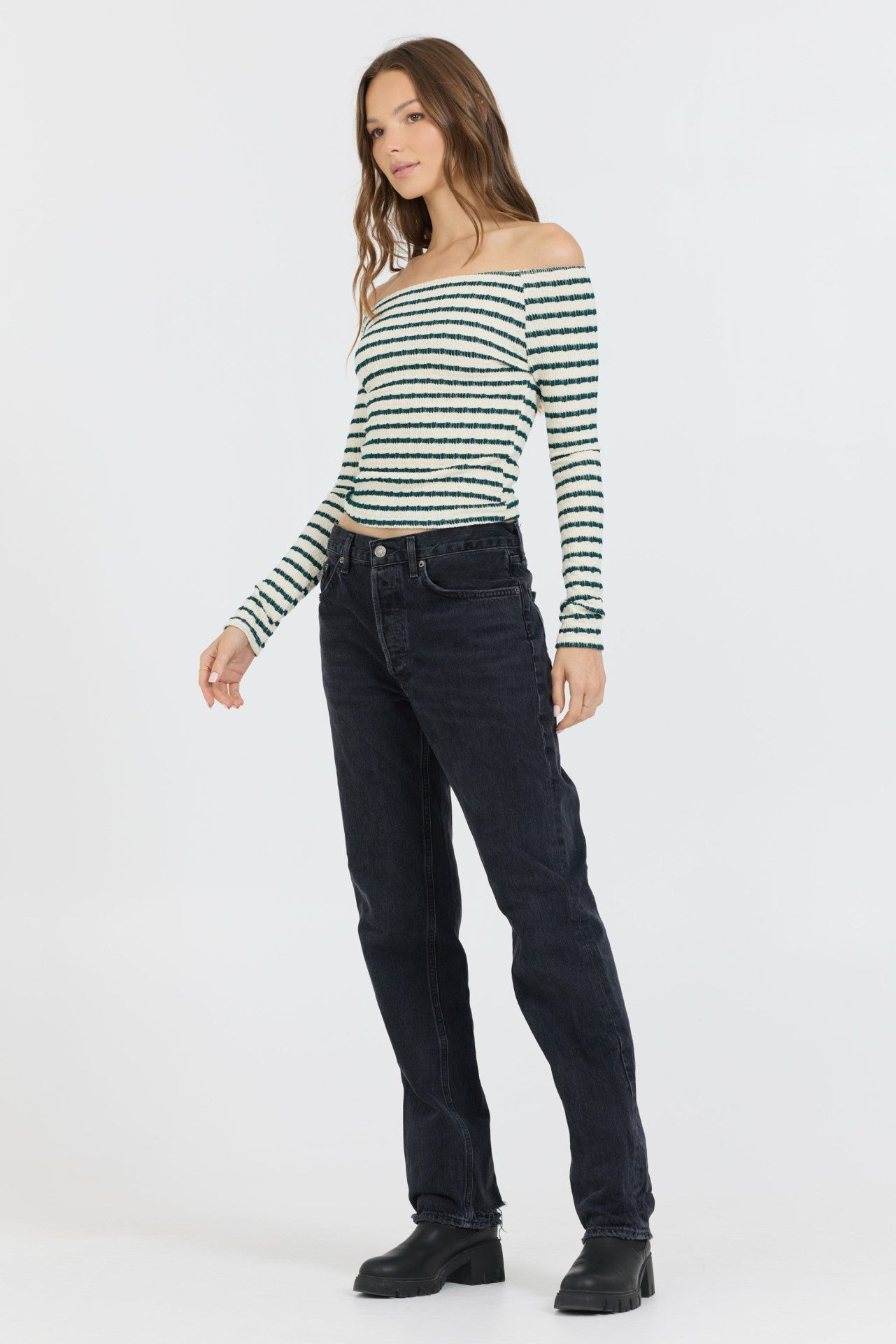 Ivory Green Fitted Off The Shoulder Top | Vintage Havana Women