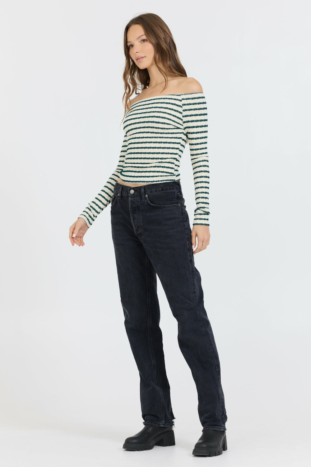 Ivory Green Fitted Off The Shoulder Top | Vintage Havana Women