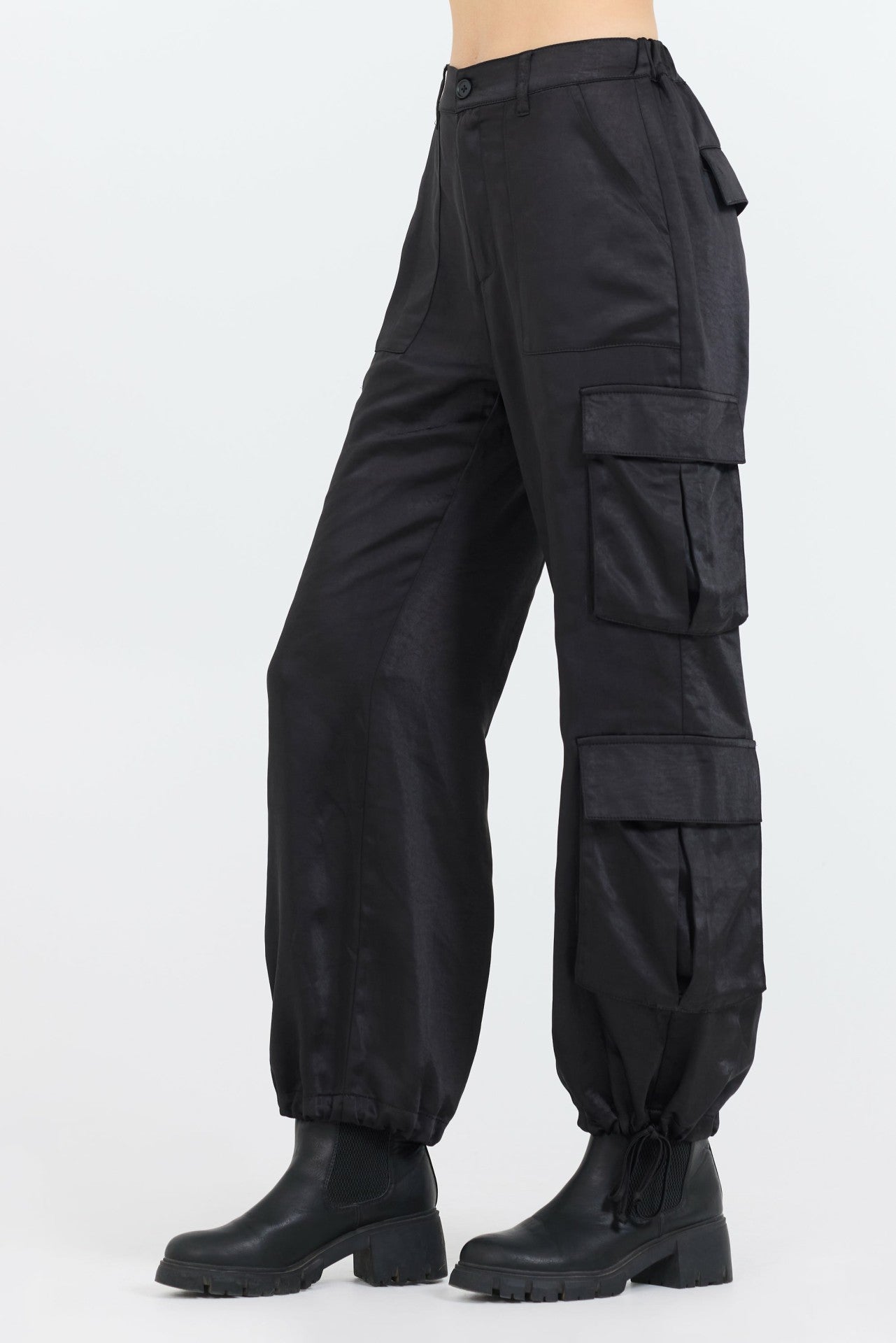 Black Heavy Satin Cargo Pants | Vintage Havana Women