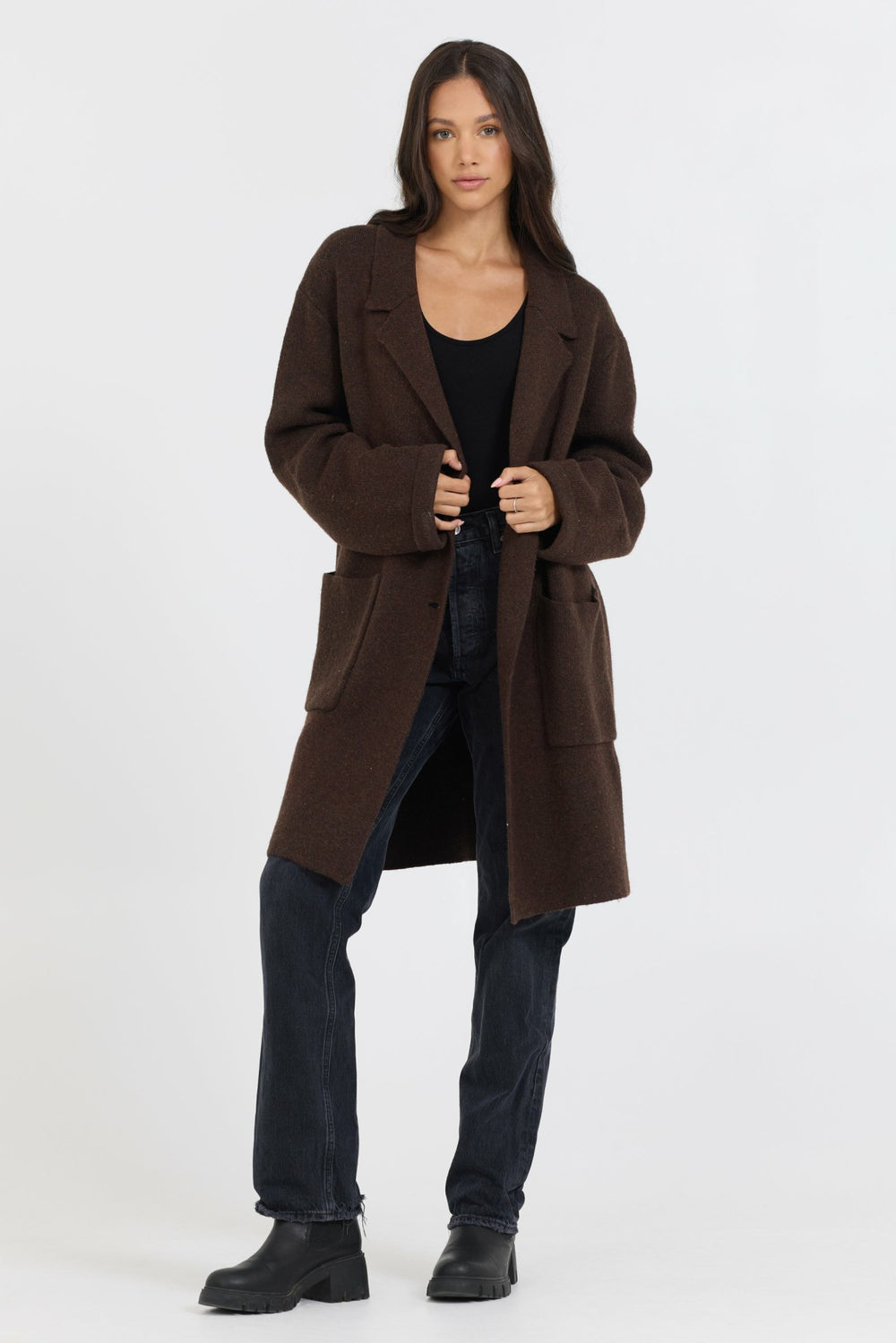 Deep Brown Sweater Mid Length Coat | Vintage Havana Women