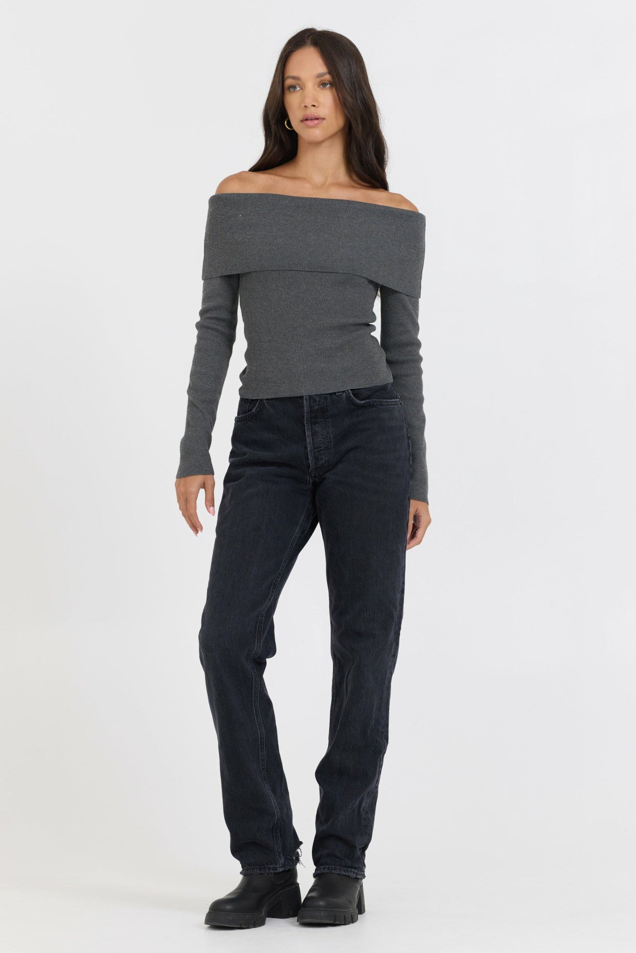 Heather Charcoal Off Shoulder Sweater | Vintage Havana Women