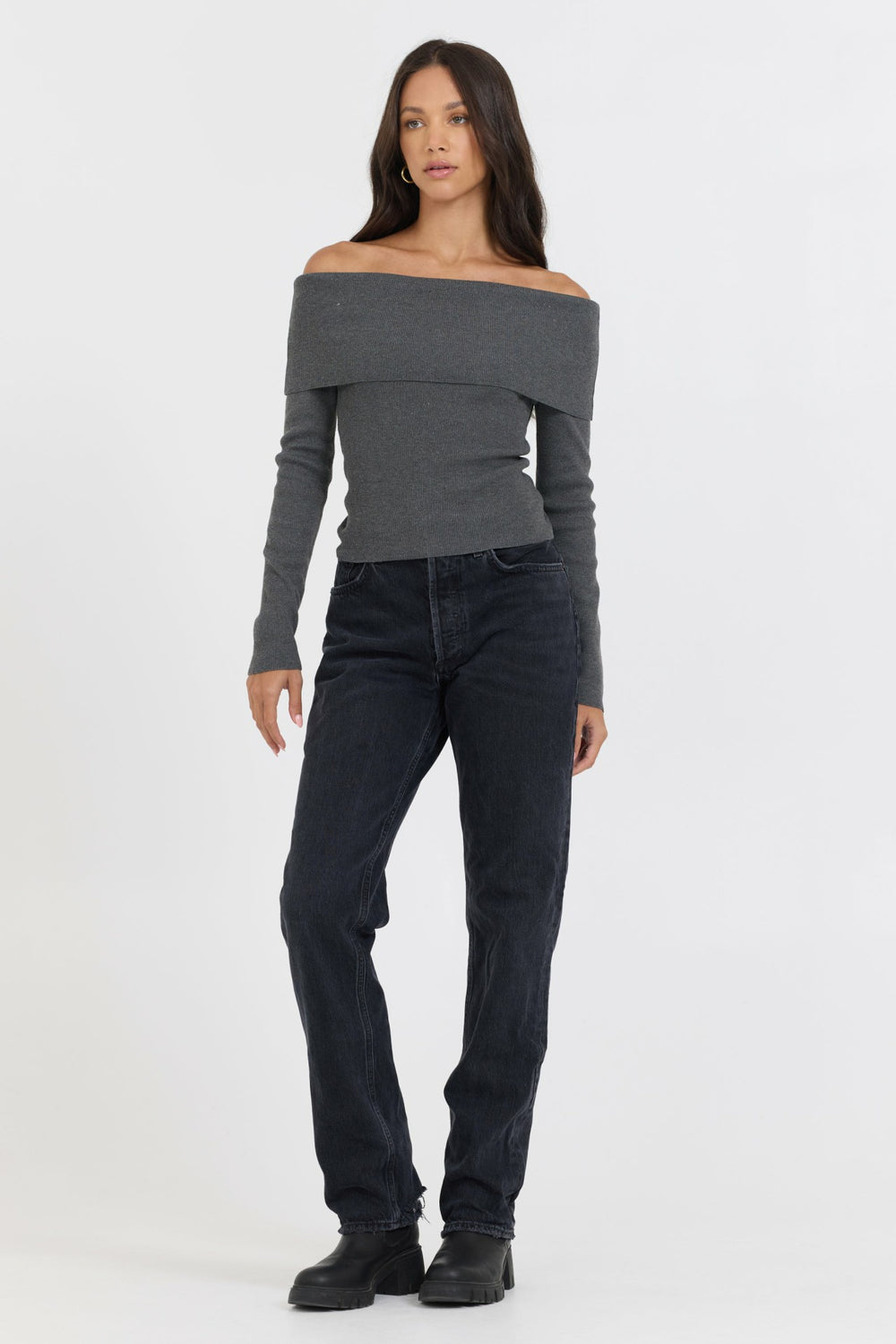 Heather Charcoal Off Shoulder Sweater | Vintage Havana Women