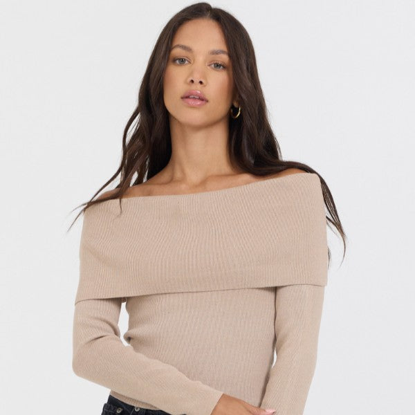 Heather Oatmeal Off Shoulder Sweater | Vintage Havana Women