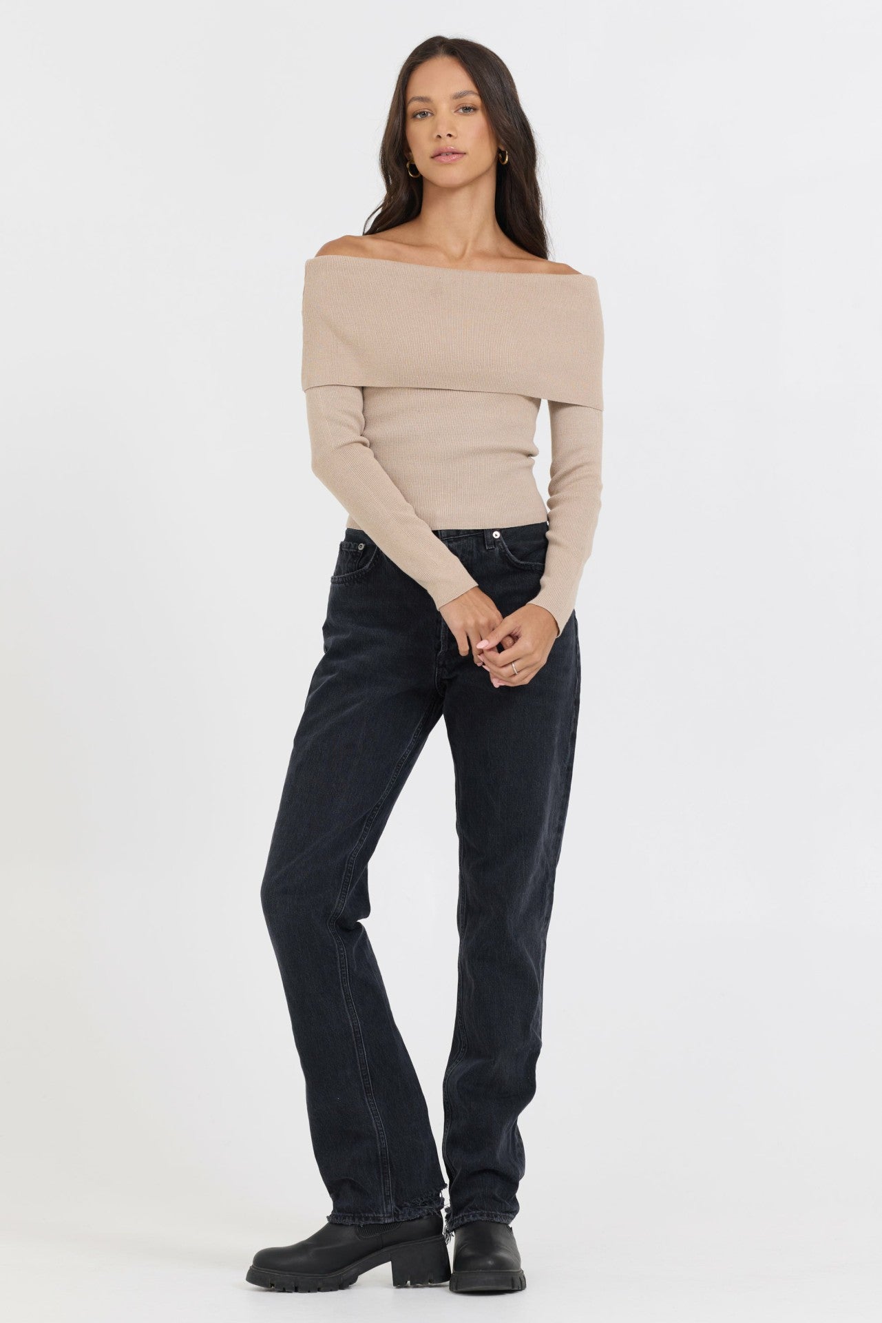 Heather Oatmeal Off Shoulder Sweater | Vintage Havana Women