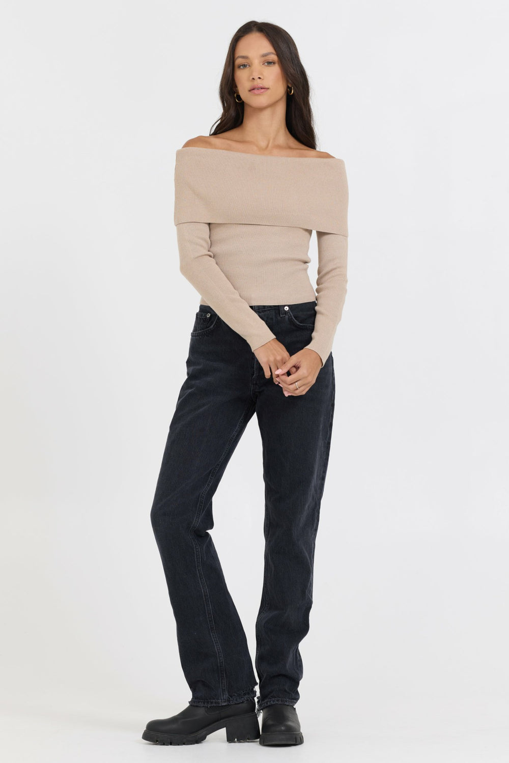 Heather Oatmeal Off Shoulder Sweater | Vintage Havana Women