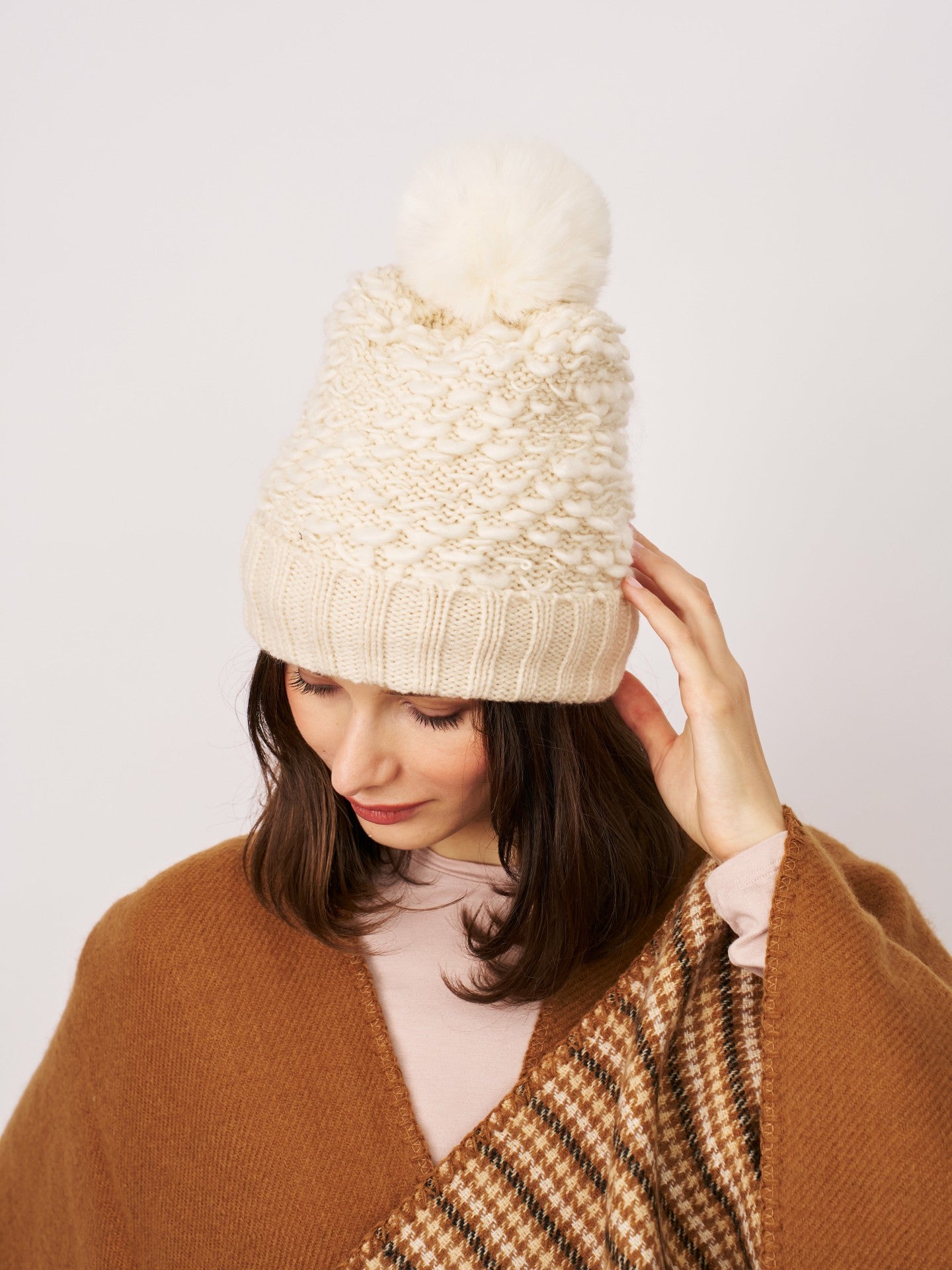 TURN UP POMPOM HAT - CREAM | Vintage Havana Women