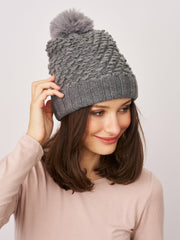 TURN UP POMPOM HAT - GREY | Vintage Havana Women