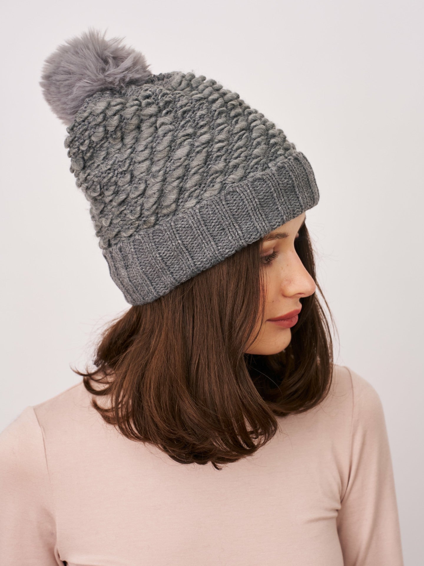 TURN UP POMPOM HAT - GREY | Vintage Havana Women