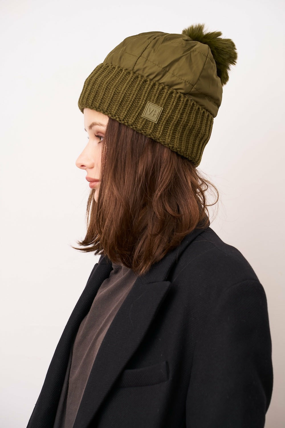 PUFFER POMPOM HAT - OLIVE | Vintage Havana Women