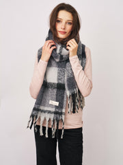 CHECK BRUSH TASSEL SCARF - BLACK | Vintage Havana Women
