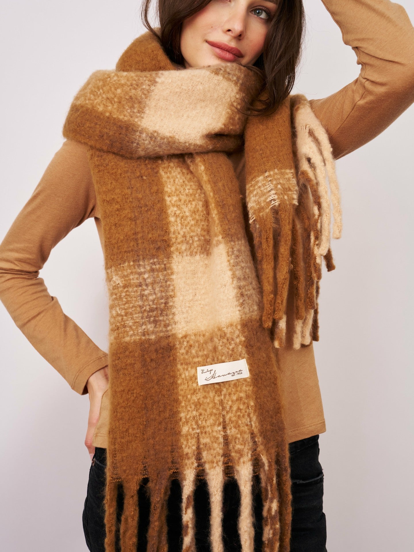 CHECK TASSEL SCARF - TAN | Vintage Havana Women