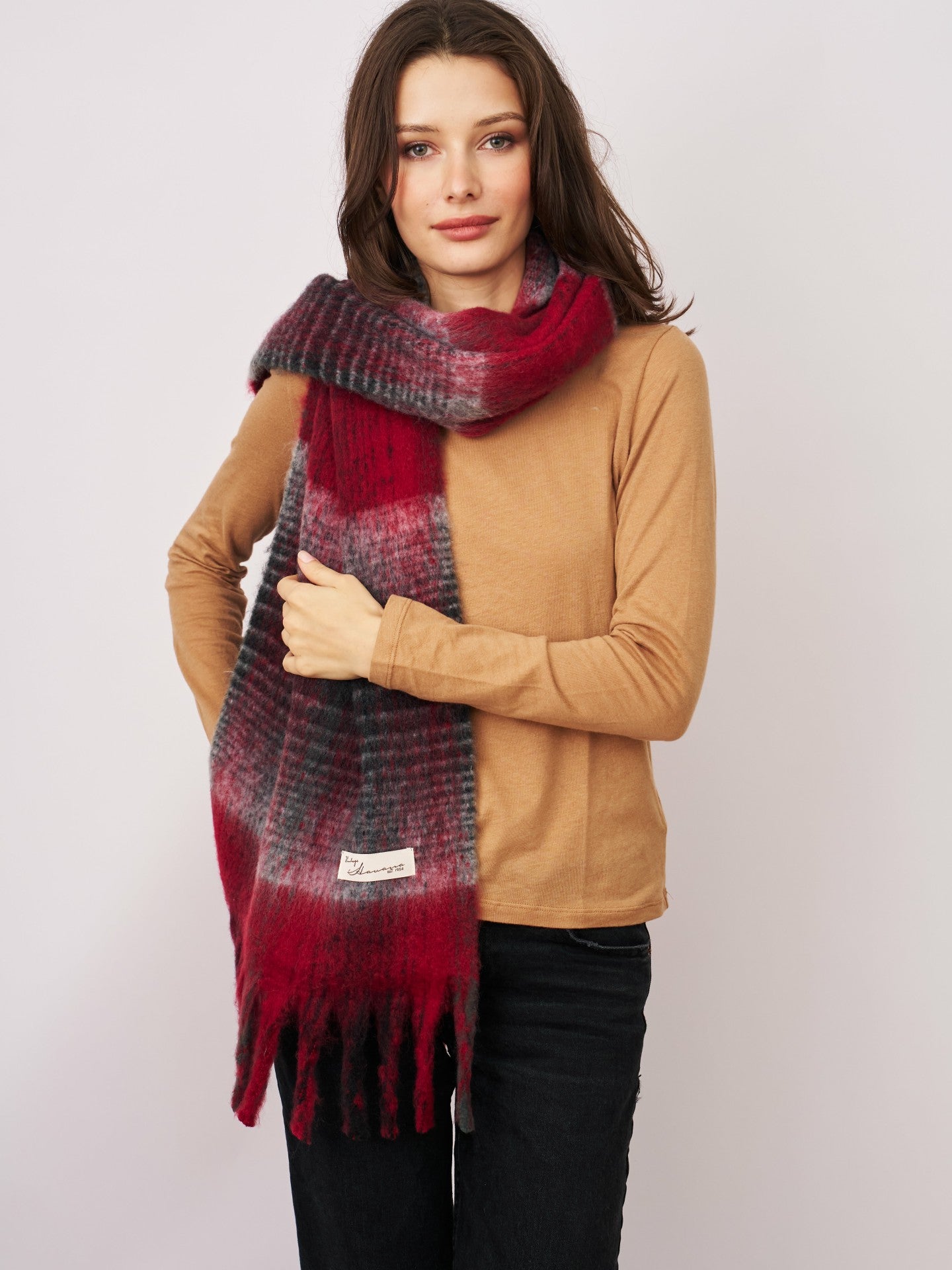 CHECK CHUNKY TASSEL SCARF - RED | Vintage Havana Women