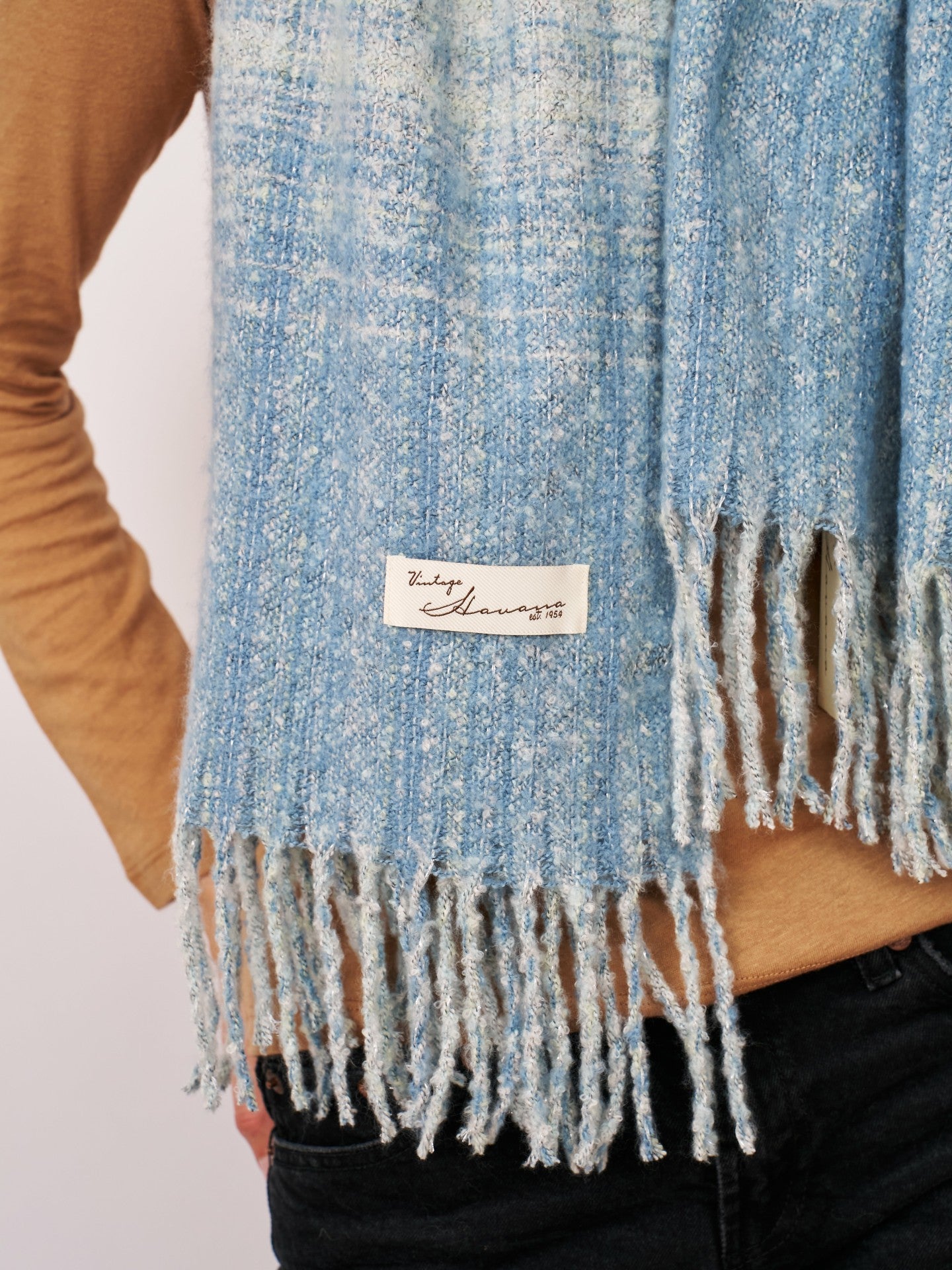 BOUCLE CHECK TASSEL SCARF - BLUE | Vintage Havana Women
