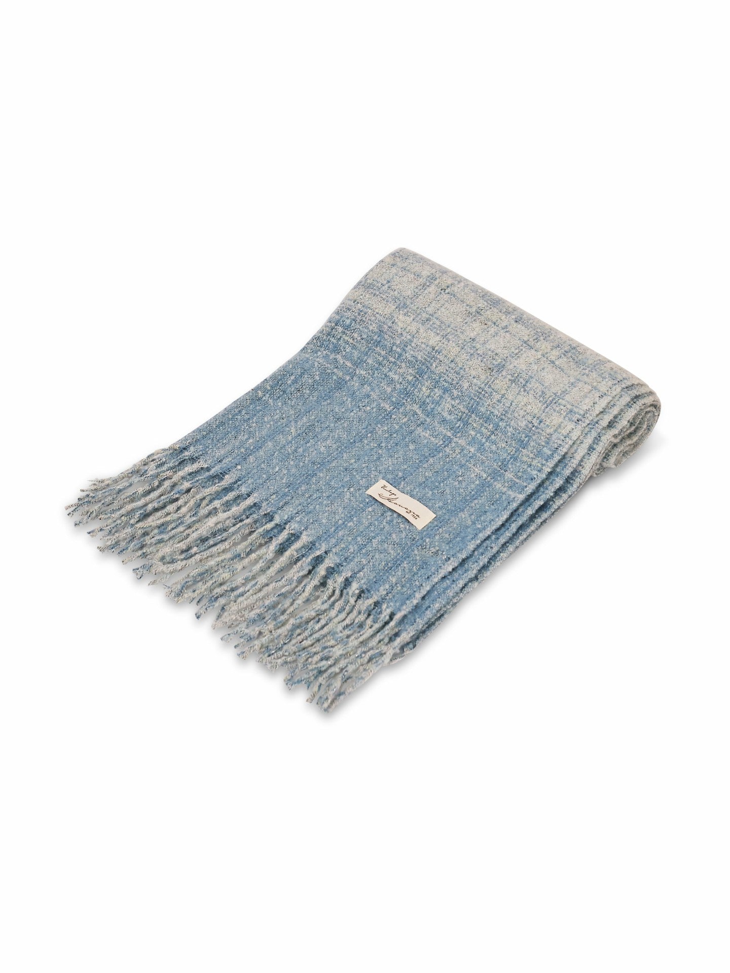BOUCLE CHECK TASSEL SCARF - BLUE | Vintage Havana Women