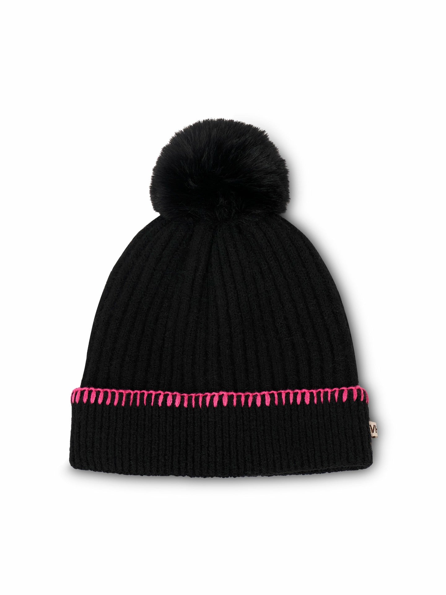 RIBBED POMPOM BEANIE - BLACK/PINK | Vintage Havana Women