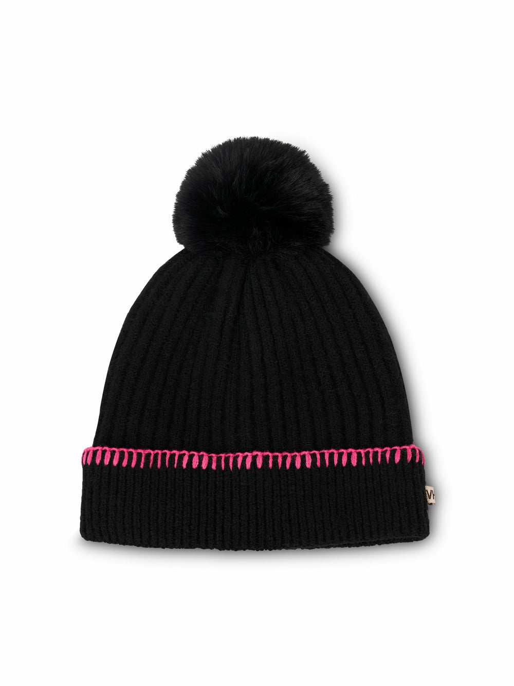RIBBED POMPOM BEANIE - BLACK/PINK | Vintage Havana Women