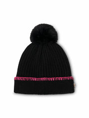 RIBBED POMPOM BEANIE - BLACK/PINK | Vintage Havana Women
