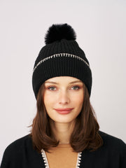 RIBBED POMPOM BEANIE - BLACK/IVORY | Vintage Havana Women