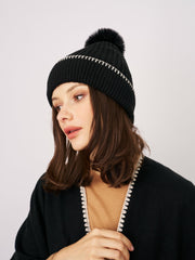 RIBBED POMPOM BEANIE - BLACK/IVORY | Vintage Havana Women