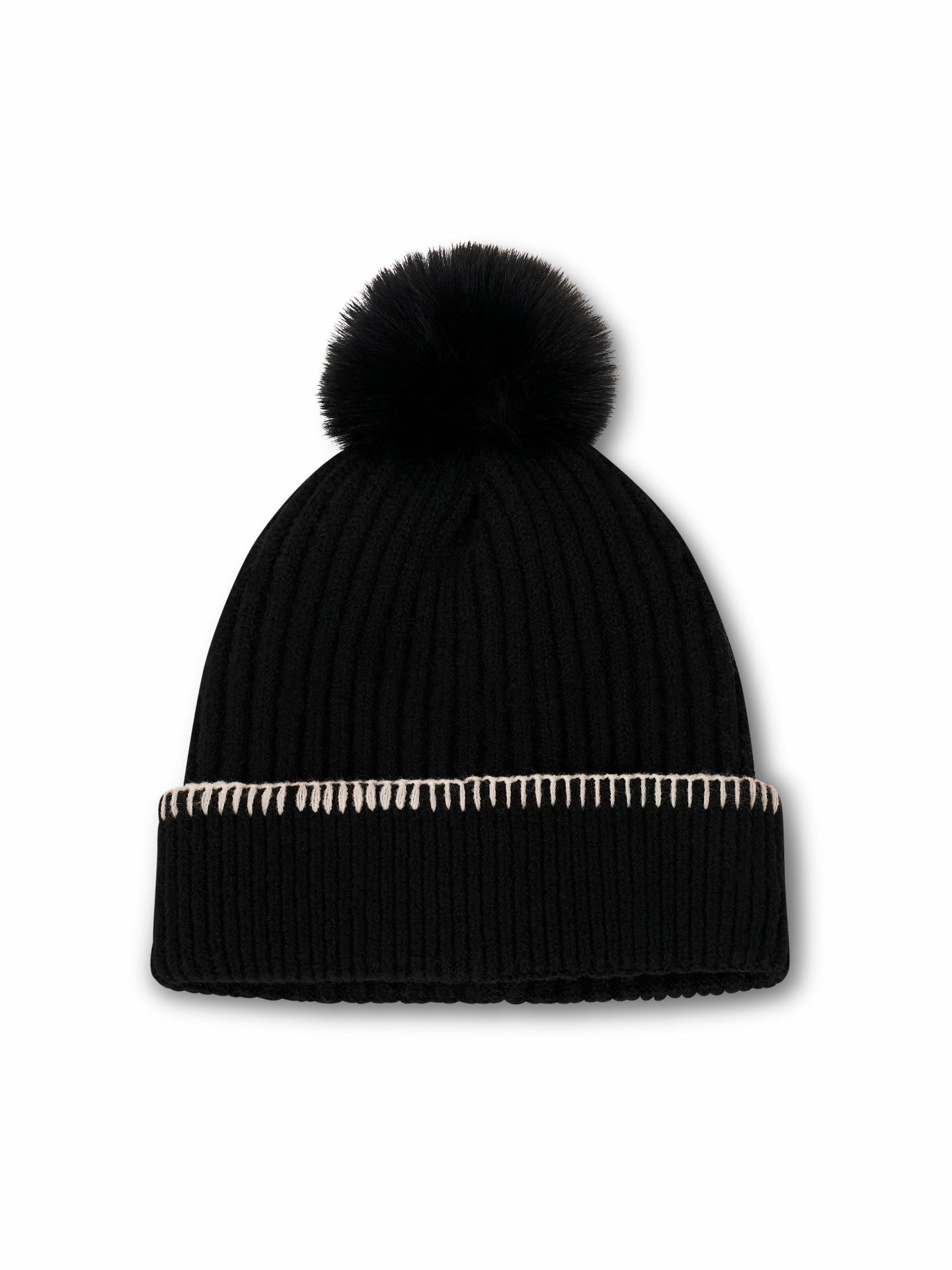 RIBBED POMPOM BEANIE - BLACK/IVORY | Vintage Havana Women