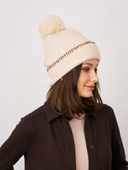 RIBBED POMPOM BEANIE - IVORY/TAN | Vintage Havana Women
