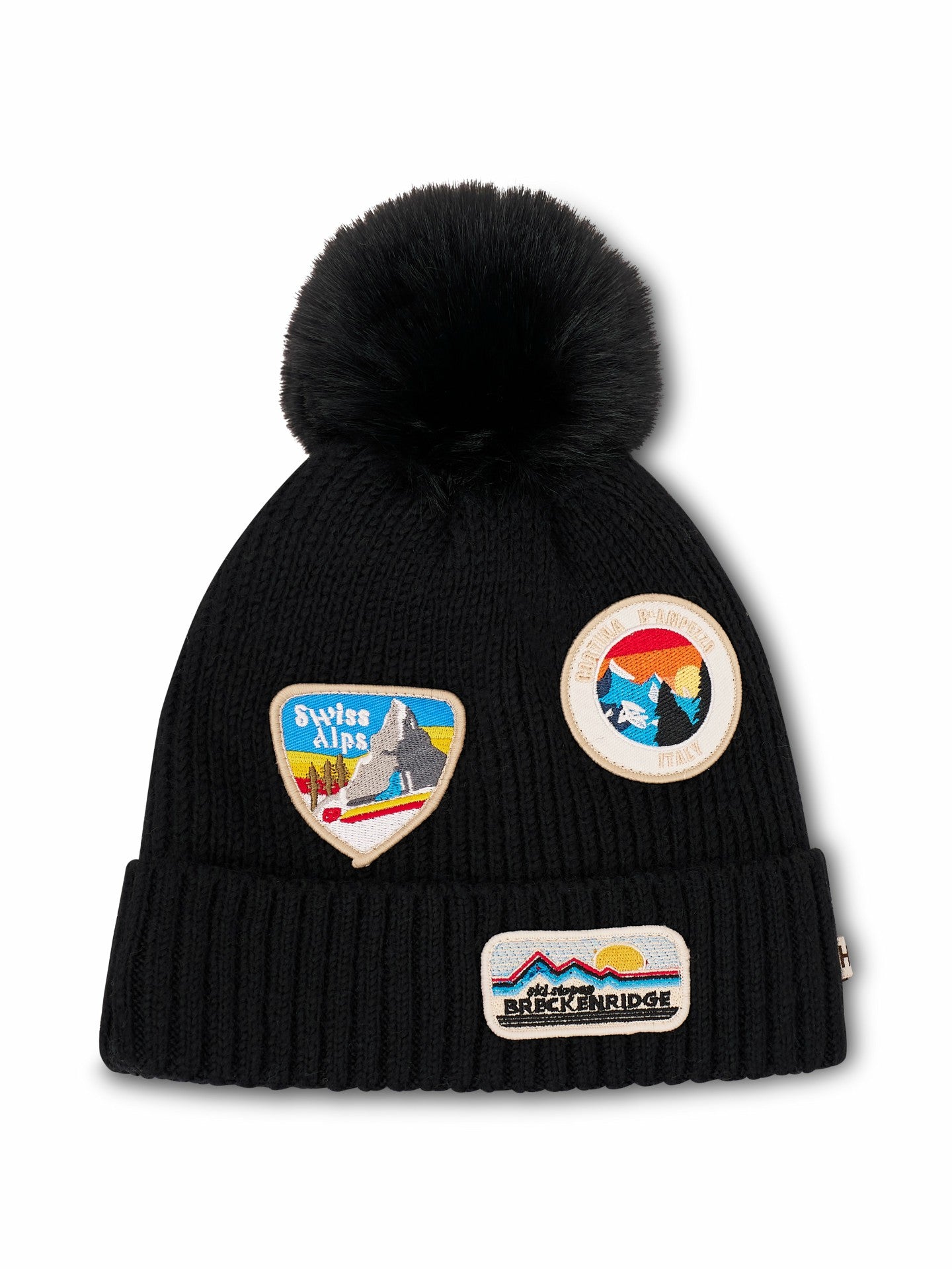 RIBBED POMPOM BEANIE WITH SWISS ALP PATCH - BLACK | Vintage Havana Women