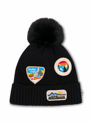 RIBBED POMPOM BEANIE WITH SWISS ALP PATCH - BLACK | Vintage Havana Women