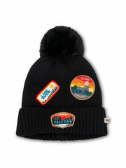 RIBBED POMPOM BEANIE WITH LAKE TAHOE PATCH - BLACK | Vintage Havana Women