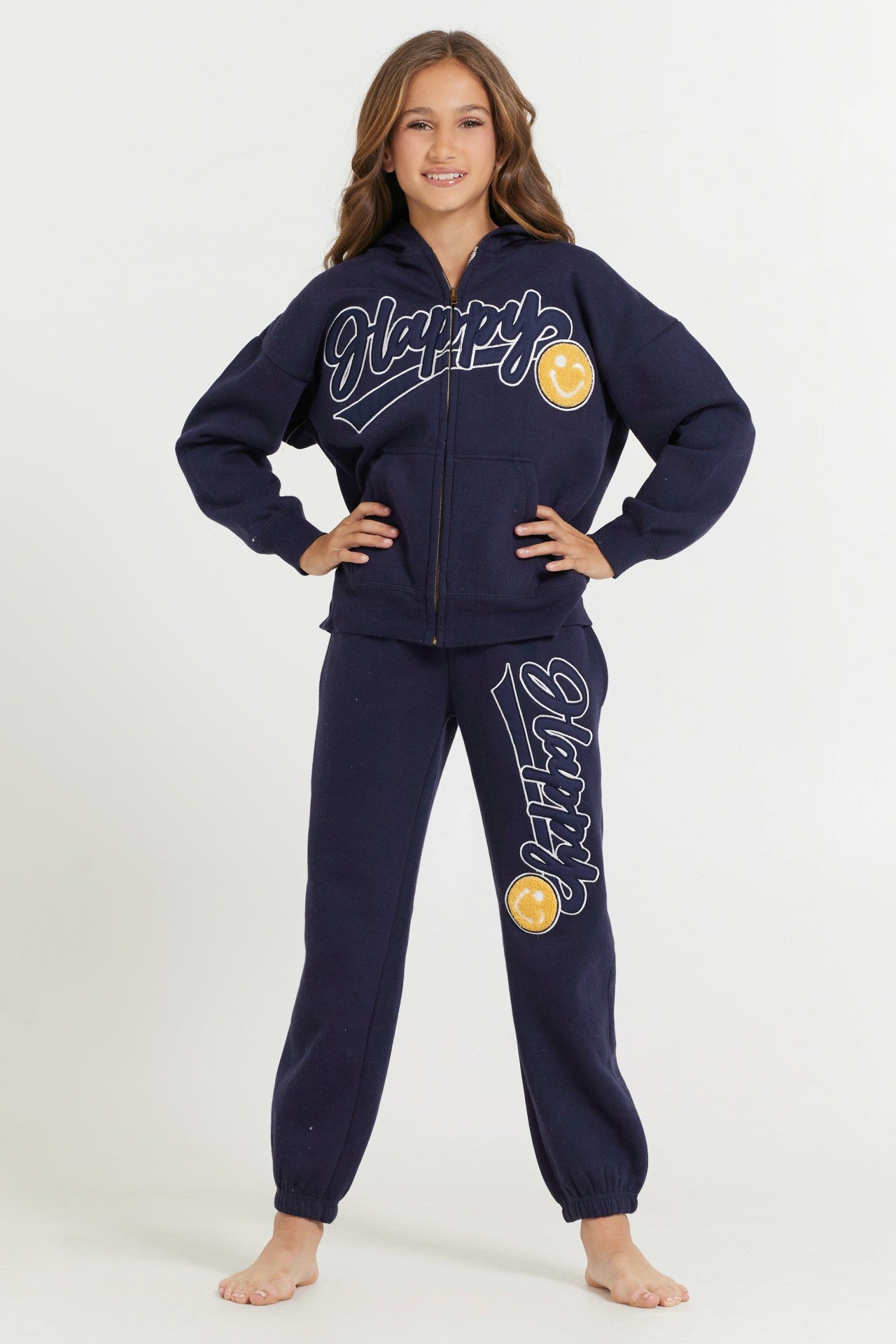 Kids Navy Full Zip Hoodie With Happy Smile Patched Embroidery | Vintage Havana Women