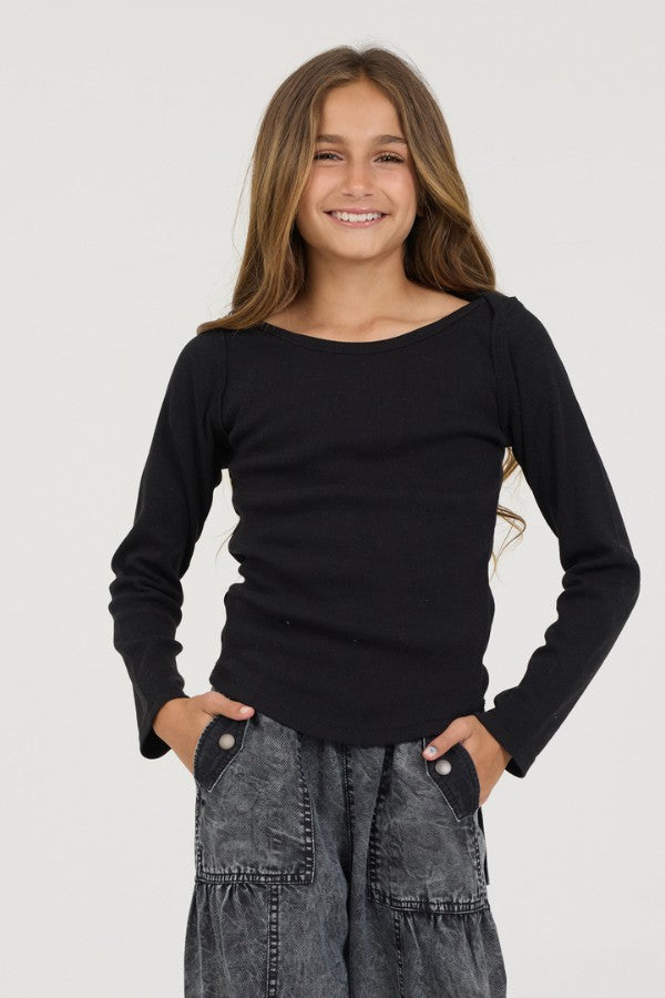 Kids Black Boatneck Ribbed Tee | Vintage Havana Women