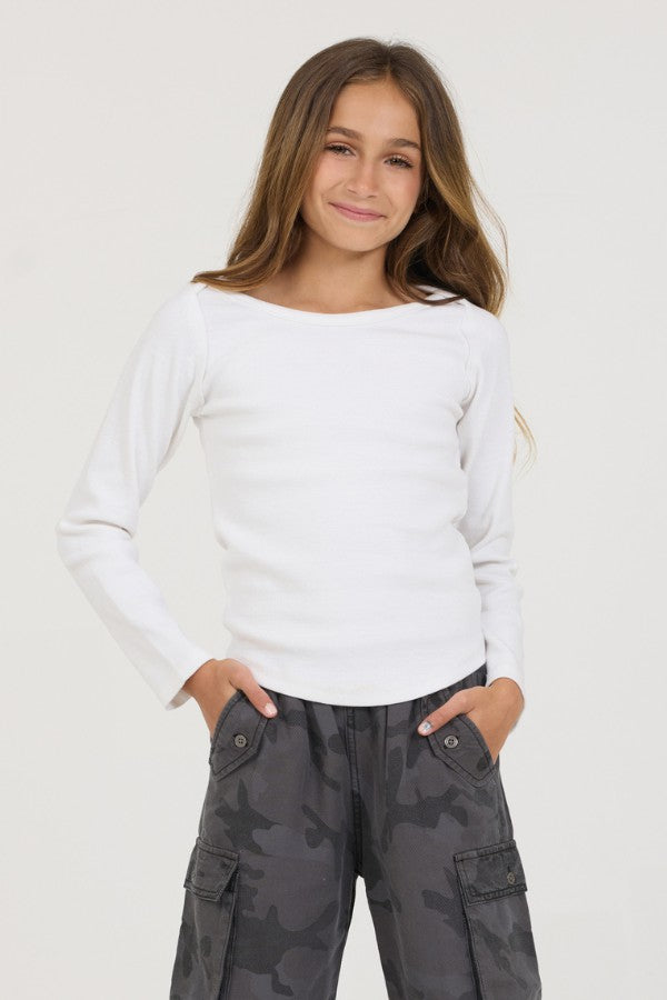 Kids White Boatneck Ribbed Tee | Vintage Havana Women