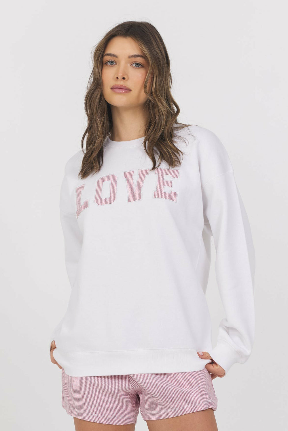 White with Strawberry Stripe "Love" Crewneck | Vintage Havana Women