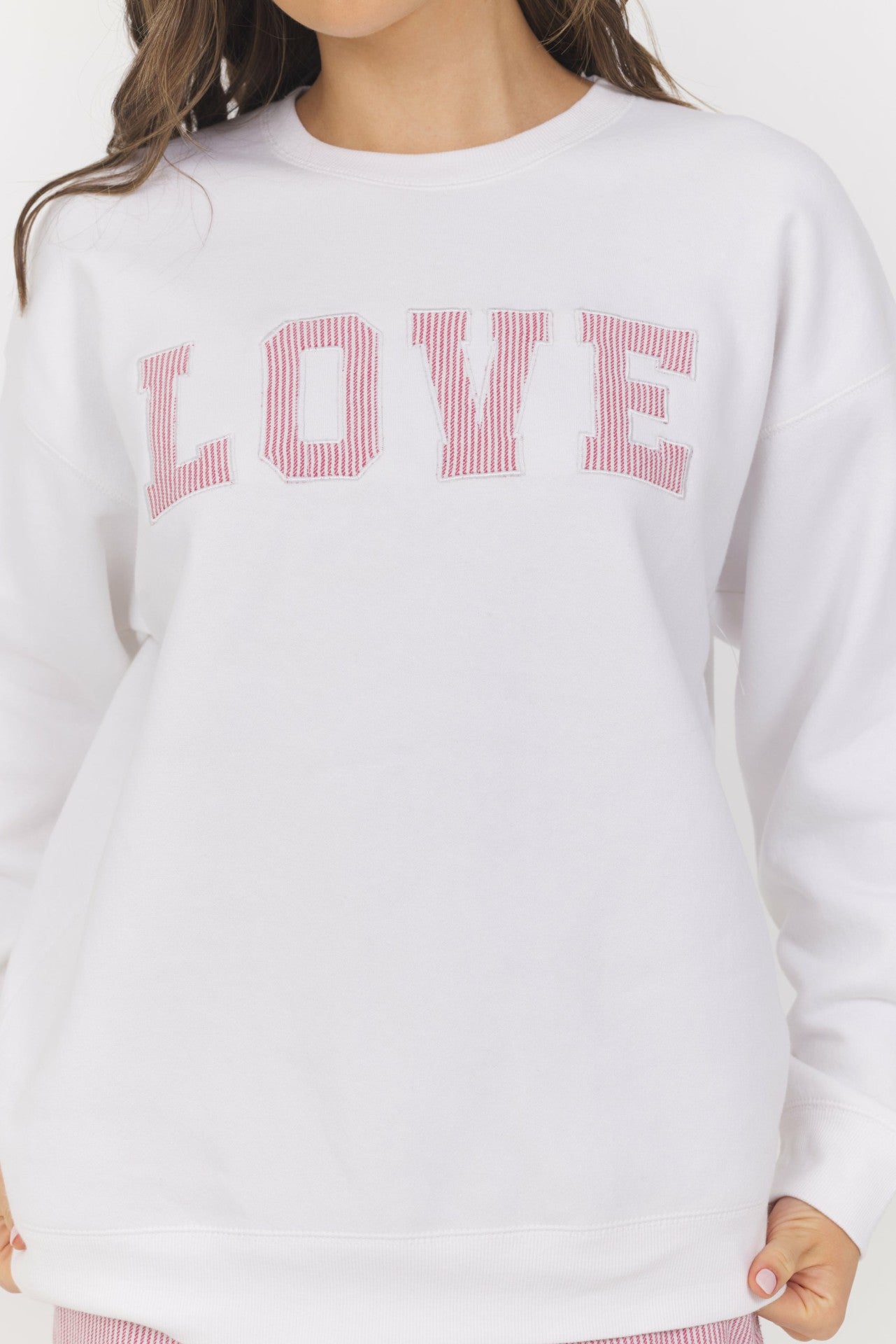 White with Strawberry Stripe "Love" Crewneck | Vintage Havana Women