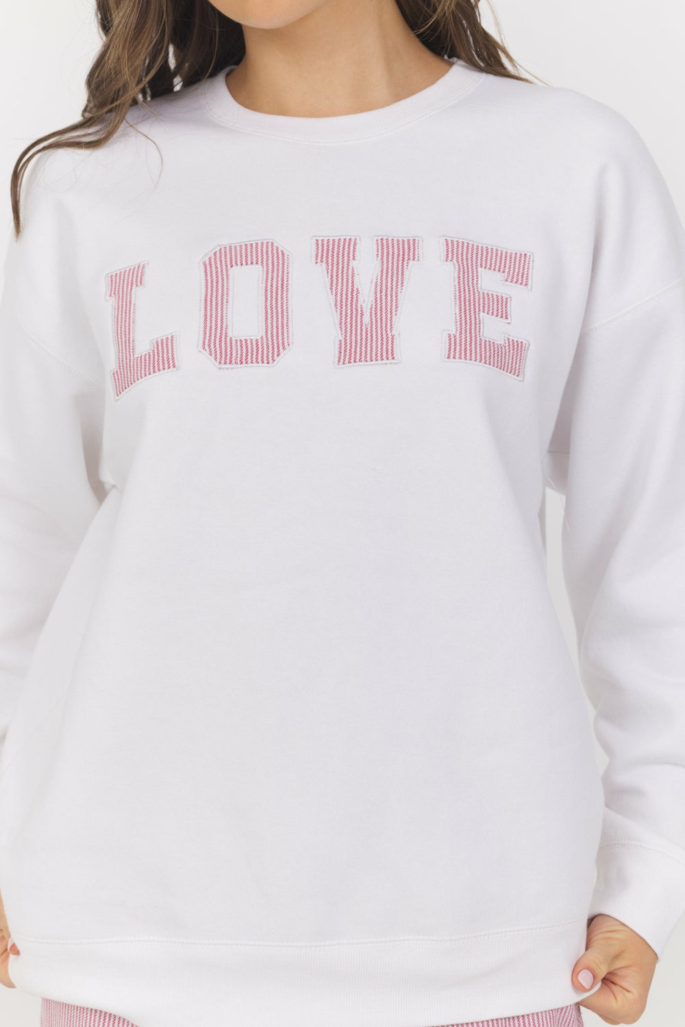 White with Strawberry Stripe "Love" Crewneck | Vintage Havana Women