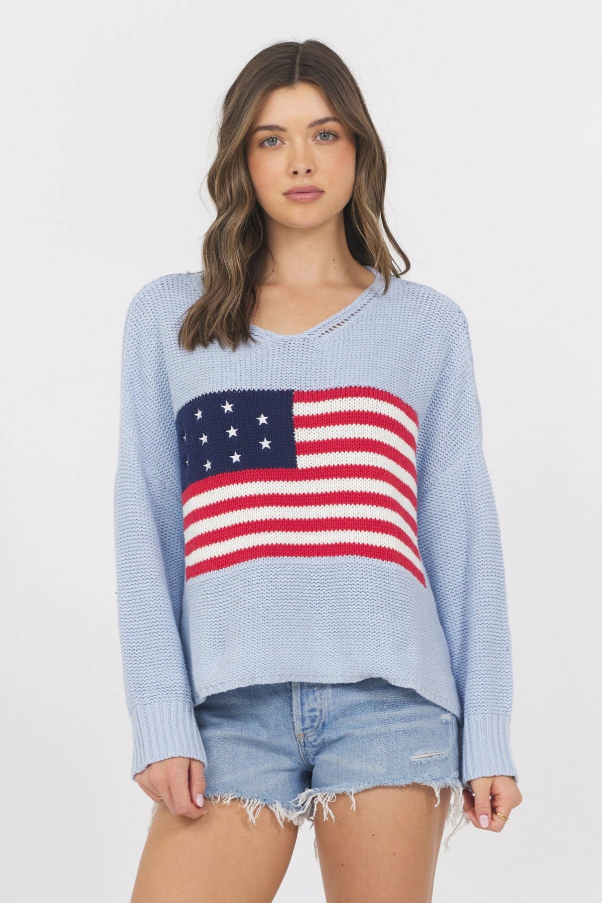 Light Blue American Flag Graphic Sweater | Vintage Havana Women