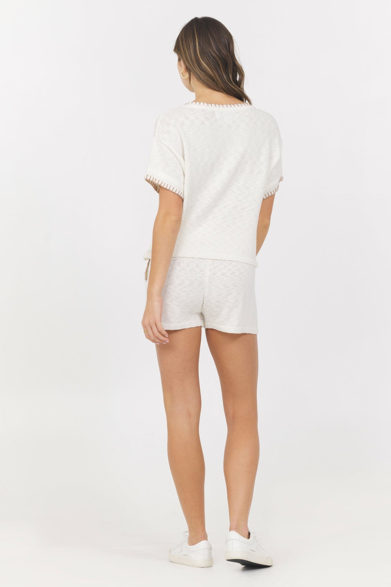 White Summer Sand Short Sleeve Sweater w/ Whipstitch | Vintage Havana Women