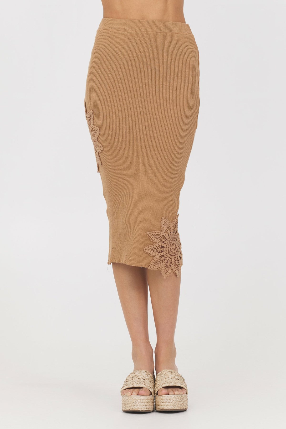 Caramel Rib Midi Skirt w/ Crochet Insert | Vintage Havana Women
