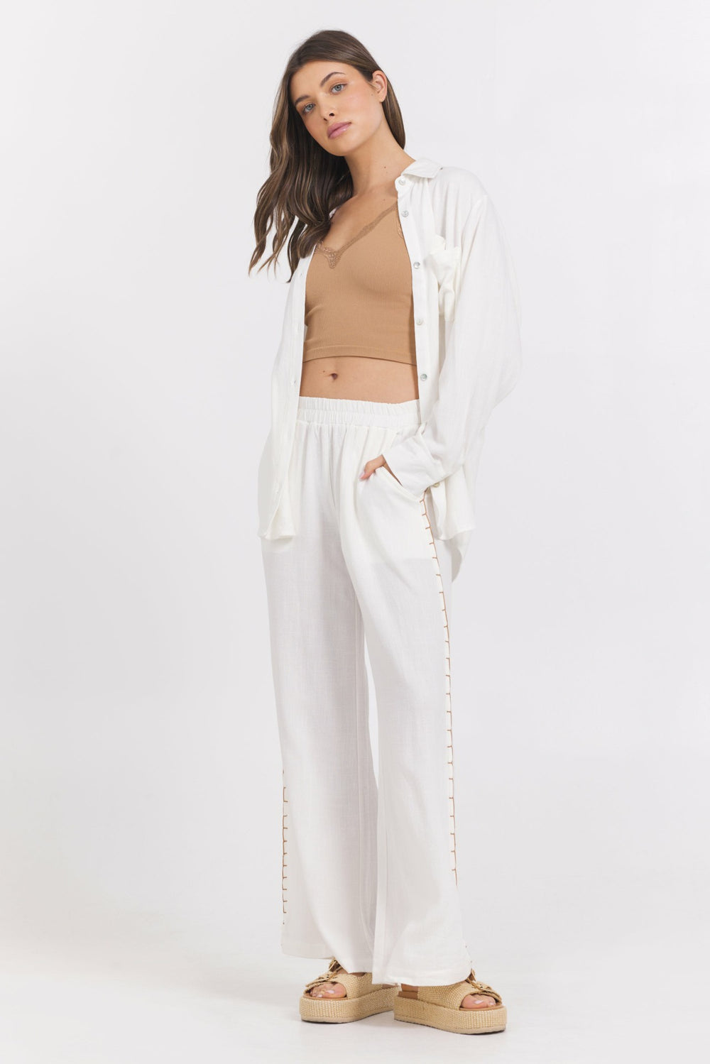 Washed Linen Wide Leg Pants w/ Whip Stitch | Vintage Havana Women