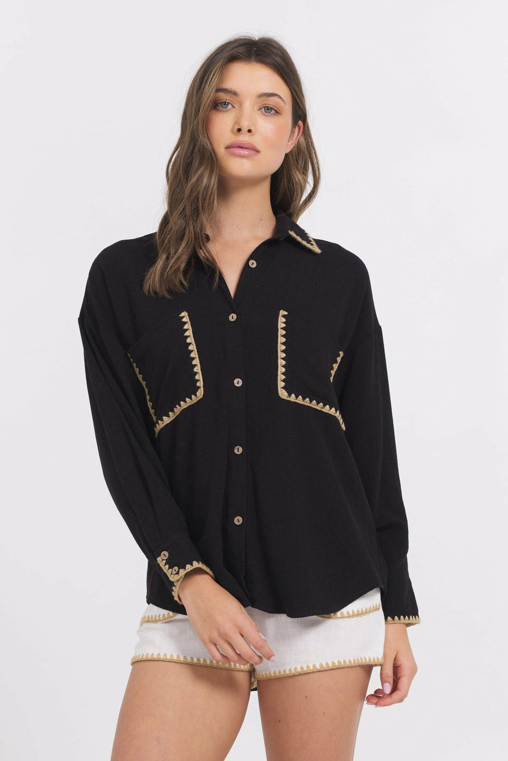 Black Button Up Shirt w/ Tan Whip Stitch | Vintage Havana Women