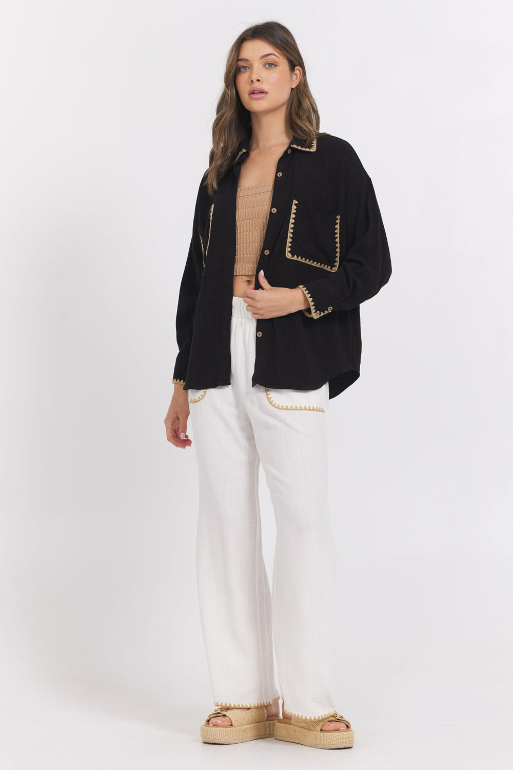 Black Button Up Shirt w/ Tan Whip Stitch | Vintage Havana Women