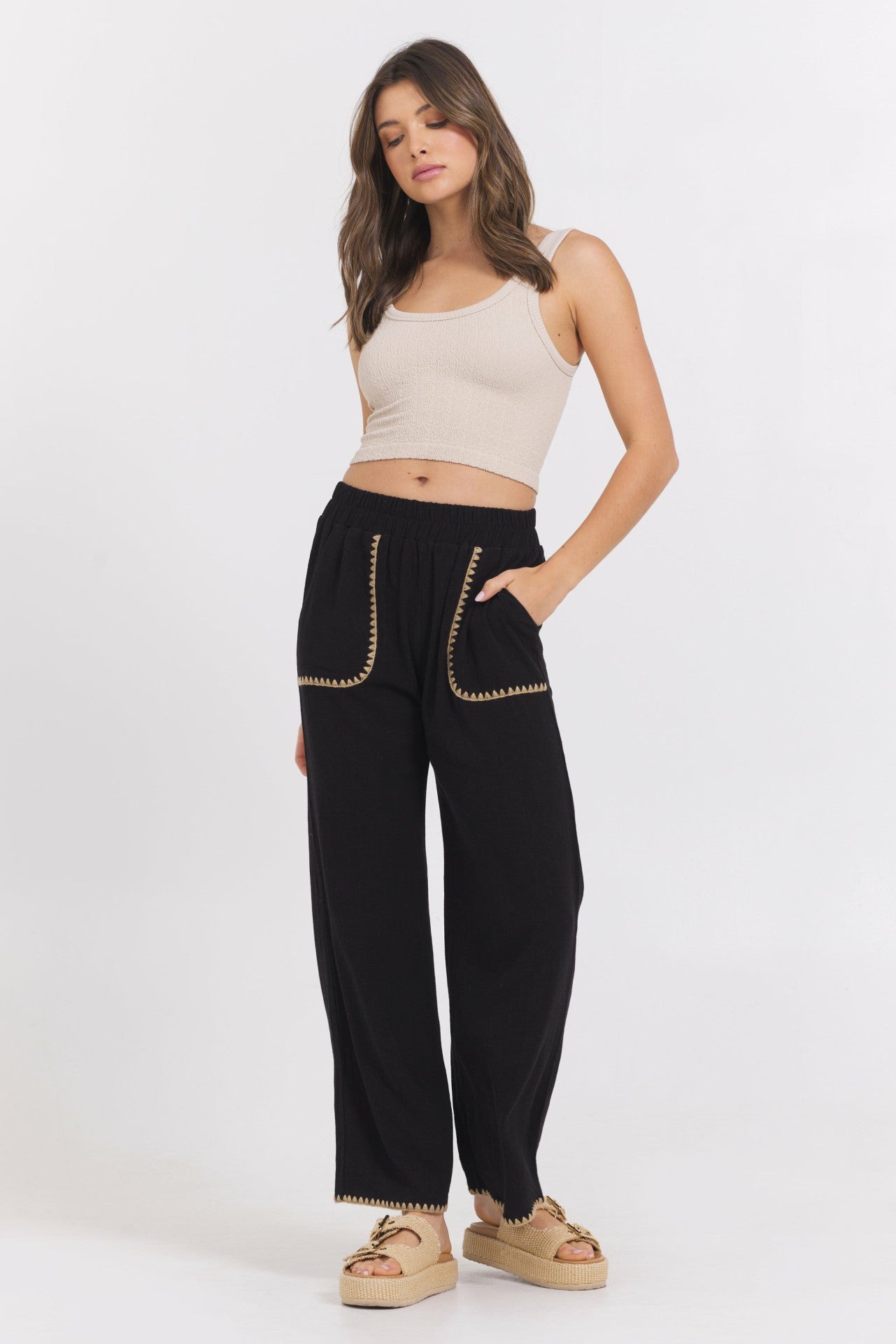 Black Wide Leg Pant w/ Tan Whip Stitch | Vintage Havana Women