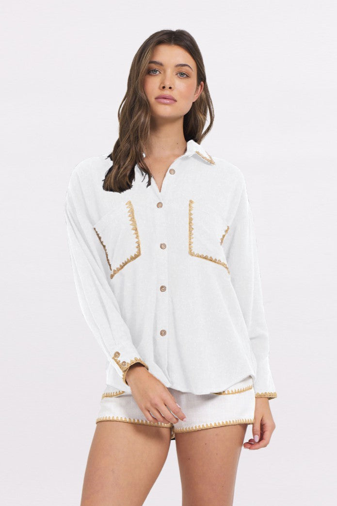 White Button Up Shirt w/ Tan Whip Stitch | Vintage Havana Women