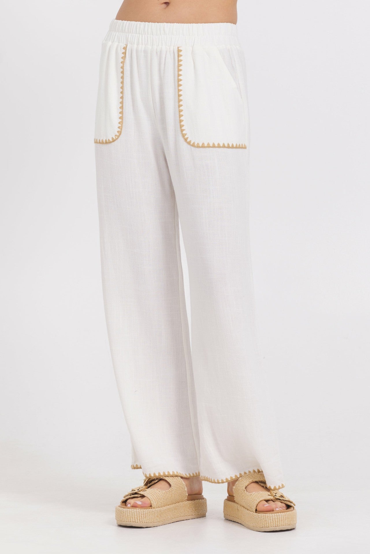 White Wide Leg Pant w/ Tan Whip Stitch | Vintage Havana Women