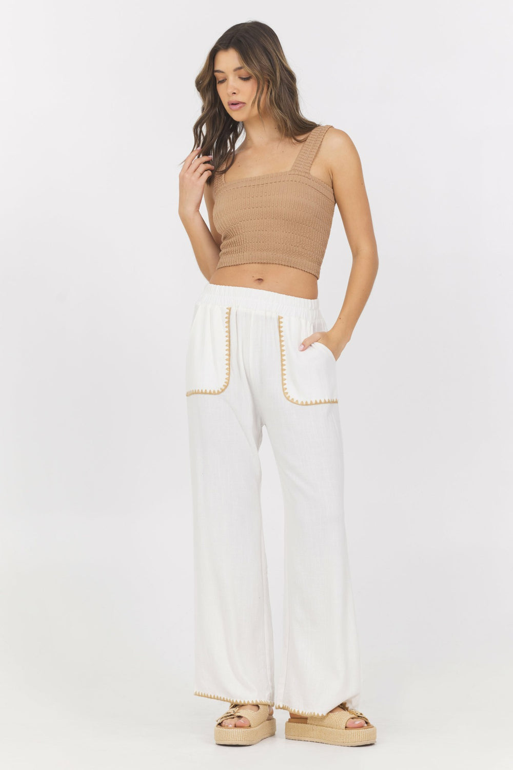 White Wide Leg Pant w/ Tan Whip Stitch | Vintage Havana Women