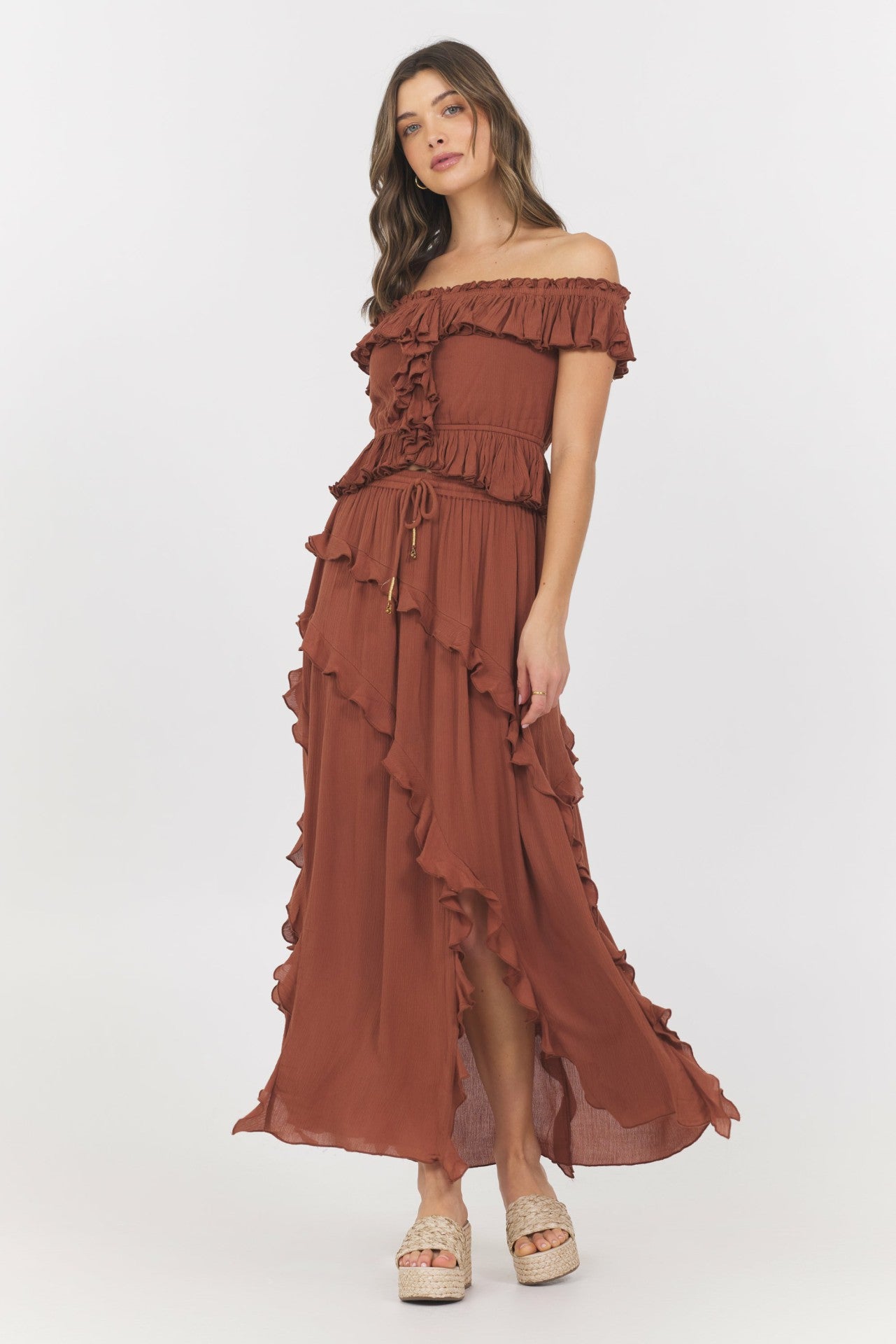 Sedona Sand Ruffle Off Shoulder Top | Vintage Havana Women