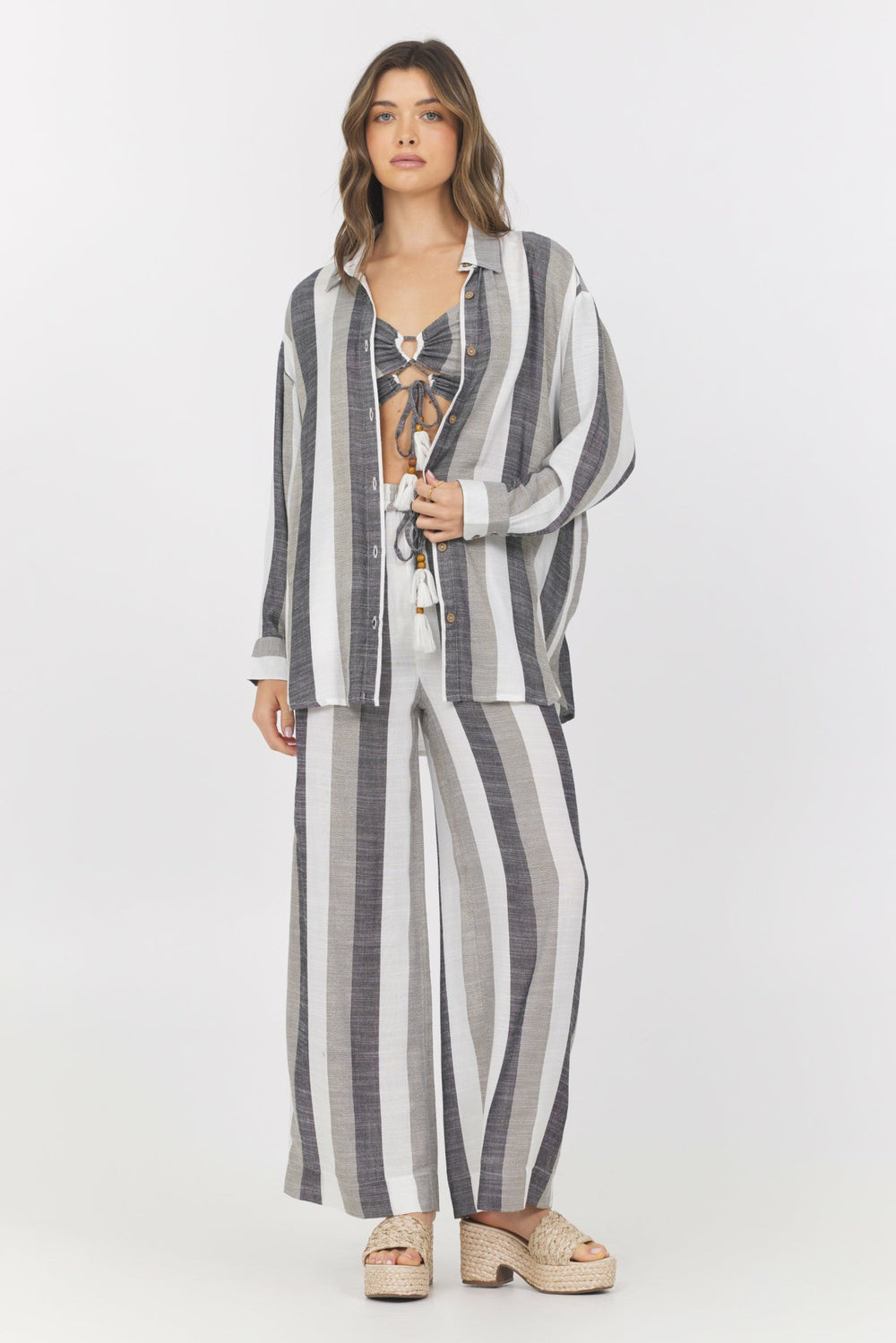 Lightweight Metallic Stripe Button Down | Vintage Havana Women