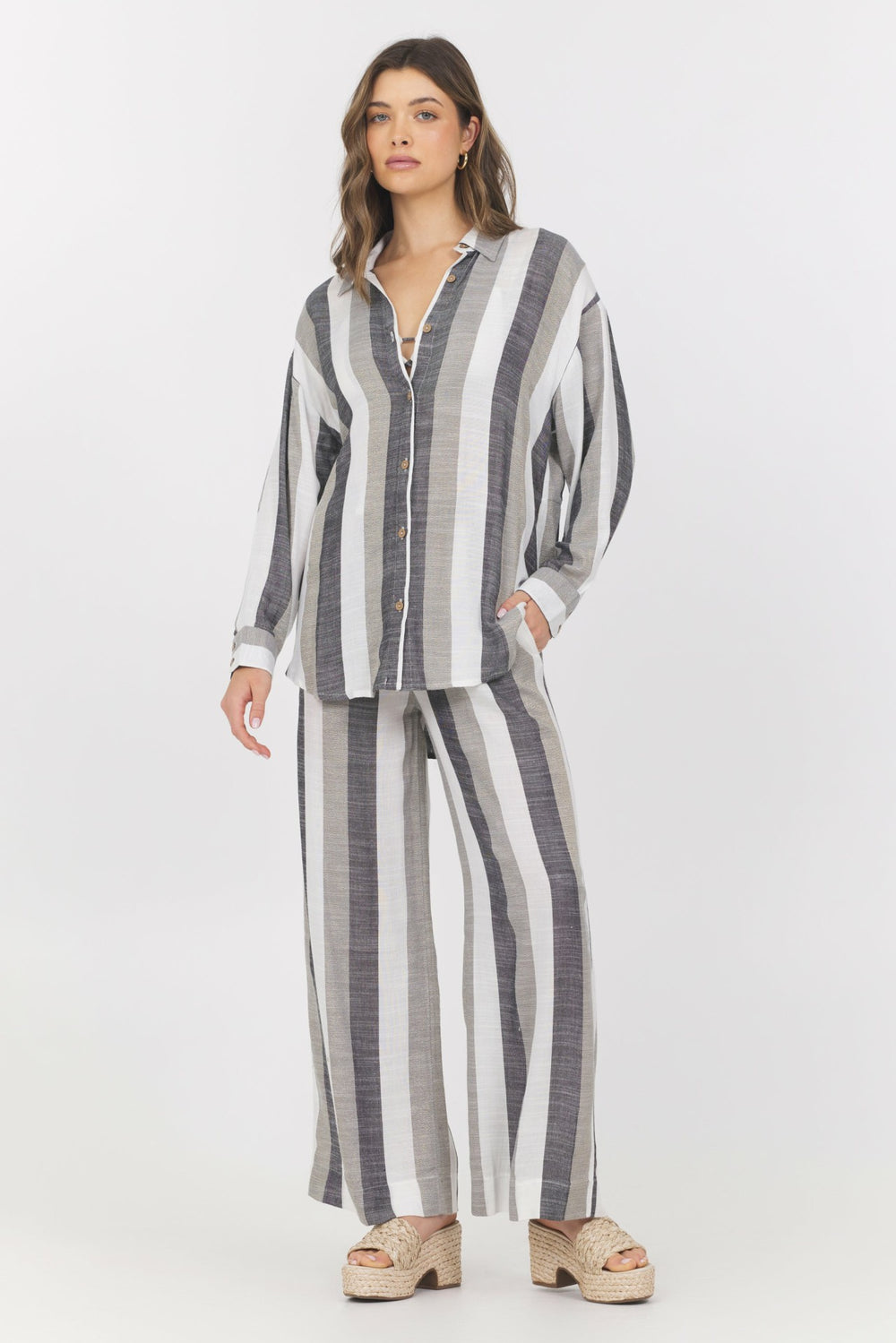 Lightweight Metallic Stripe Button Down | Vintage Havana Women